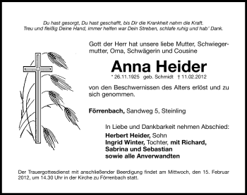 Traueranzeige von Anna Heider von Hersbrucker Zeitung